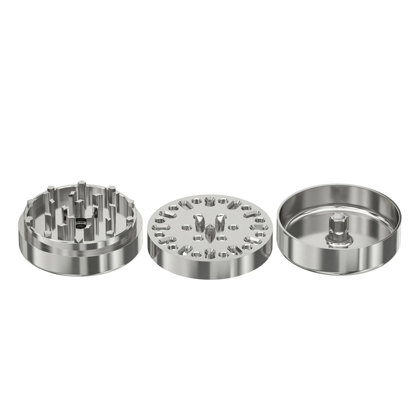 the three sections of the grinder. lid is teeth up, middle is teeth down, and container is open side up.