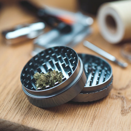 Metal grinder sitting on a desk with weed stuck to the teeth