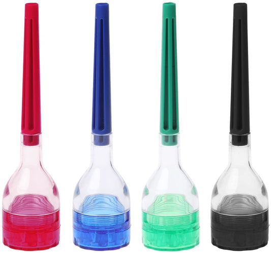 a series of cone loaders sitting next to each. Each is a different color. They're plastic on a white background