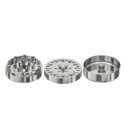 the three sections of the grinder. lid is teeth up, middle is teeth down, and container is open side up. 