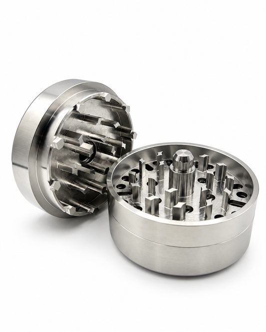 stainless steel teeth closeup of ball bearing herb grinder